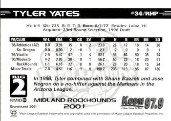 2001 Grandstand Midland RockHounds #34 Tyler Yates Back