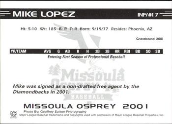 2001 Grandstand Missoula Osprey #NNO Mike Lopez Back