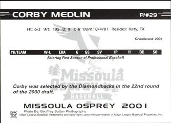 2001 Grandstand Missoula Osprey #NNO Corby Medlin Back