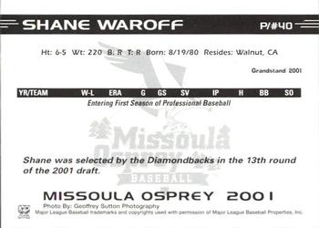 2001 Grandstand Missoula Osprey #NNO Shane Waroff Back