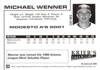 2001 Grandstand Modesto A's #5 Michael Wenner Back