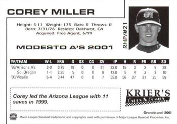 2001 Grandstand Modesto A's #21 Corey Miller Back