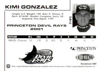 2001 Grandstand Princeton Devil Rays #NNO Kimi Gonzalez Back