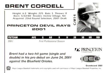 2001 Grandstand Princeton Devil Rays #NNO Brent Cordell Back