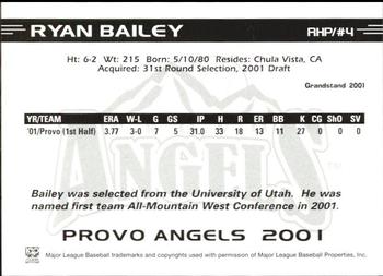 2001 Grandstand Provo Angels #4 Ryan Bailey Back