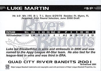 2001 Grandstand Quad City River Bandits #NNO Luke Martin Back