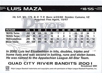 2001 Grandstand Quad City River Bandits #NNO Luis Maza Back
