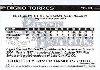2001 Grandstand Quad City River Bandits #NNO Digno Torres Back