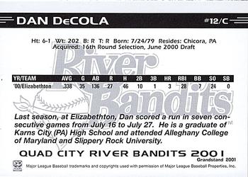 2001 Grandstand Quad City River Bandits #NNO Dan DeCola Back