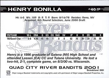 2001 Grandstand Quad City River Bandits #NNO Henry Bonilla Back