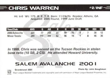 2001 Grandstand Salem Avalanche #NNO Chris Warren Back
