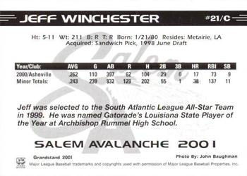 2001 Grandstand Salem Avalanche #NNO Jeff Winchester Back