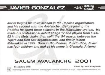 2001 Grandstand Salem Avalanche #NNO Javier Gonzalez Back
