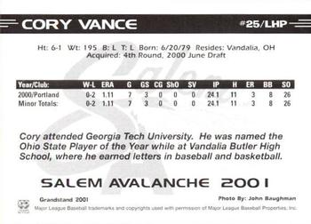 2001 Grandstand Salem Avalanche #NNO Cory Vance Back