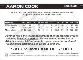 2001 Grandstand Salem Avalanche #NNO Aaron Cook Back