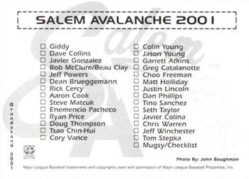 2001 Grandstand Salem Avalanche #NNO Checklist Back