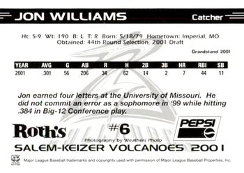 2001 Grandstand Salem-Keizer Volcanoes #6 Jon Williams Back