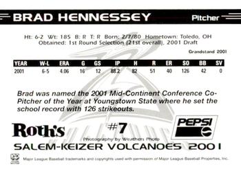 2001 Grandstand Salem-Keizer Volcanoes #7 Brad Hennessey Back