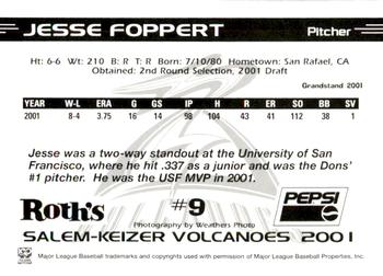 2001 Grandstand Salem-Keizer Volcanoes #9 Jesse Foppert Back