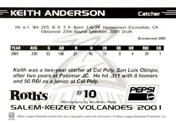 2001 Grandstand Salem-Keizer Volcanoes #10 Keith Anderson Back
