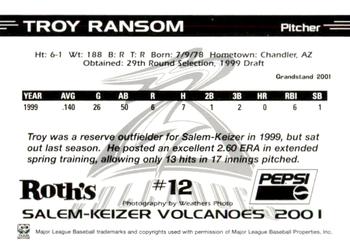 2001 Grandstand Salem-Keizer Volcanoes #12 Troy Ransom Back
