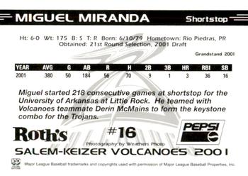 2001 Grandstand Salem-Keizer Volcanoes #16 Miguel Miranda Back