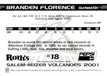 2001 Grandstand Salem-Keizer Volcanoes #18 Branden Florence Back