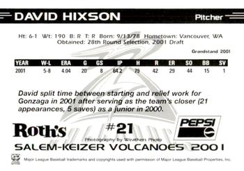 2001 Grandstand Salem-Keizer Volcanoes #21 David Hixson Back
