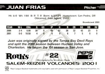2001 Grandstand Salem-Keizer Volcanoes #22 Juan Frias Back