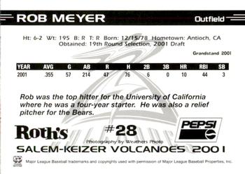 2001 Grandstand Salem-Keizer Volcanoes #28 Rob Meyer Back