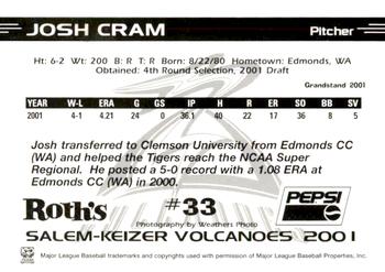 2001 Grandstand Salem-Keizer Volcanoes #33 Josh Cram Back