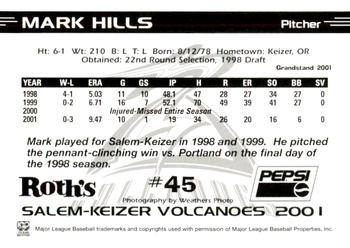 2001 Grandstand Salem-Keizer Volcanoes #45 Mark Hills Back