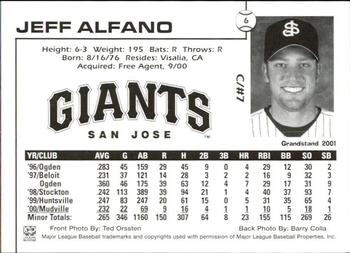 2001 Grandstand San Jose Giants #6 Jeff Alfano Back