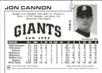 2001 Grandstand San Jose Giants #21 Jon Cannon Back