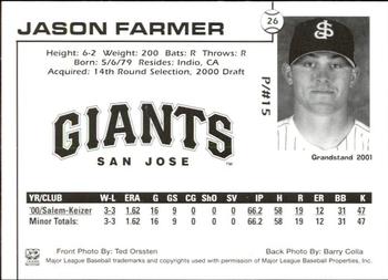 2001 Grandstand San Jose Giants #26 Jason Farmer Back
