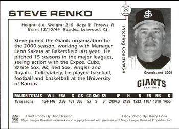 2001 Grandstand San Jose Giants #29 Steve Renko Back