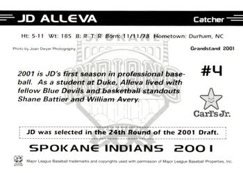 2001 Grandstand Spokane Indians #NNO J.D. Alleva Back
