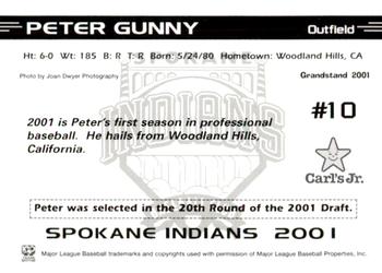 2001 Grandstand Spokane Indians #NNO Peter Gunny Back