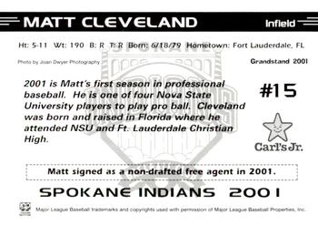 2001 Grandstand Spokane Indians #NNO Matt Cleveland Back