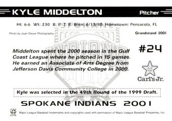 2001 Grandstand Spokane Indians #NNO Kyle Middleton Back