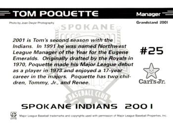 2001 Grandstand Spokane Indians #NNO Tom Poquette Back