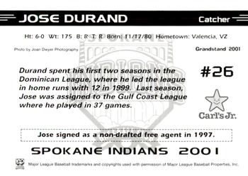 2001 Grandstand Spokane Indians #NNO Jose Durand Back