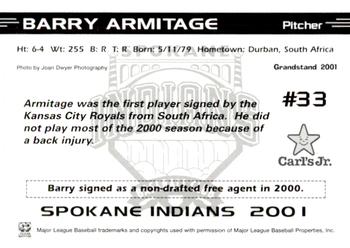 2001 Grandstand Spokane Indians #NNO Barry Armitage Back