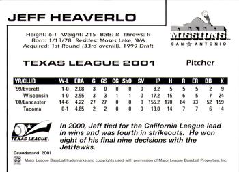 2001 Grandstand Texas League Top Prospects #NNO Jeff Heaverlo Back