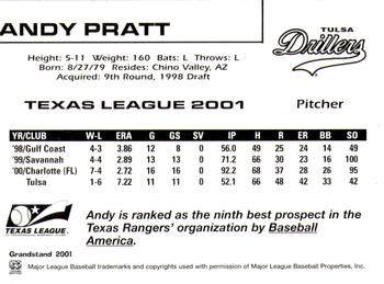 2001 Grandstand Texas League Top Prospects #NNO Andy Pratt Back