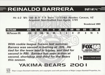 2001 Grandstand Yakima Bears #NNO Reinaldo Barrera Back