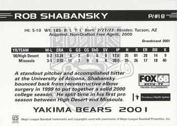 2001 Grandstand Yakima Bears #NNO Rob Shabansky Back