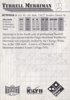 2001 Fargo-Moorhead RedHawks #NNO Terrell Merriman Back