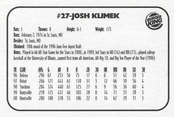 2001 Huntsville Stars #NNO Josh Klimek Back