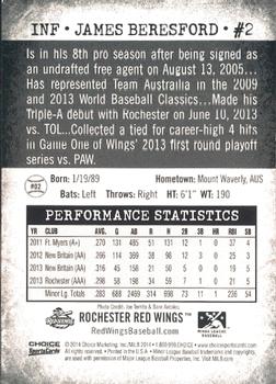 2014 Choice Rochester Red Wings #2 James Beresford Back